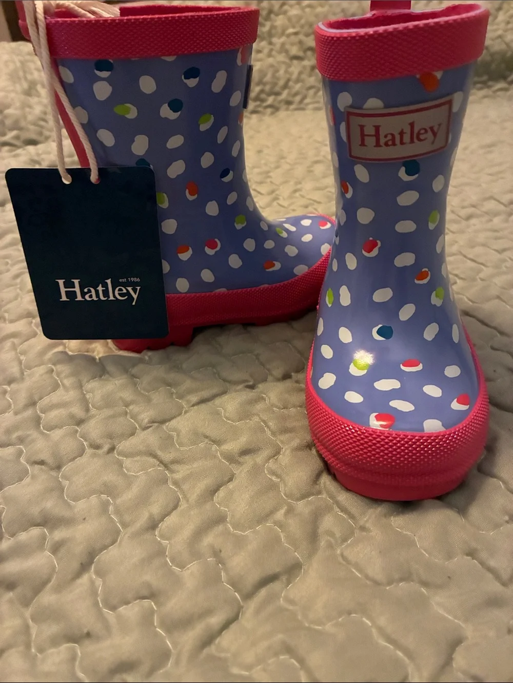 Hatley Blue Polka Dot Kids Rain Boots with Pink Trim
